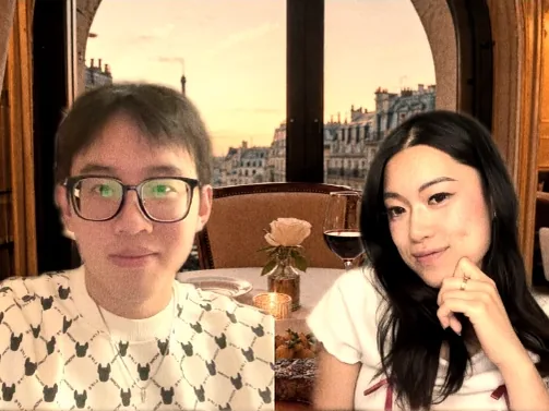 The same couple in one strip frame from two rooms, sitting down to a candlelit Paris dinner and looking straight at their cameras.